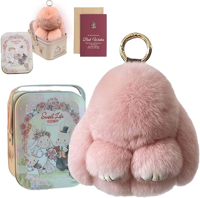 Bunny Keychain with Tin - Soft Bunny PomPom Charms