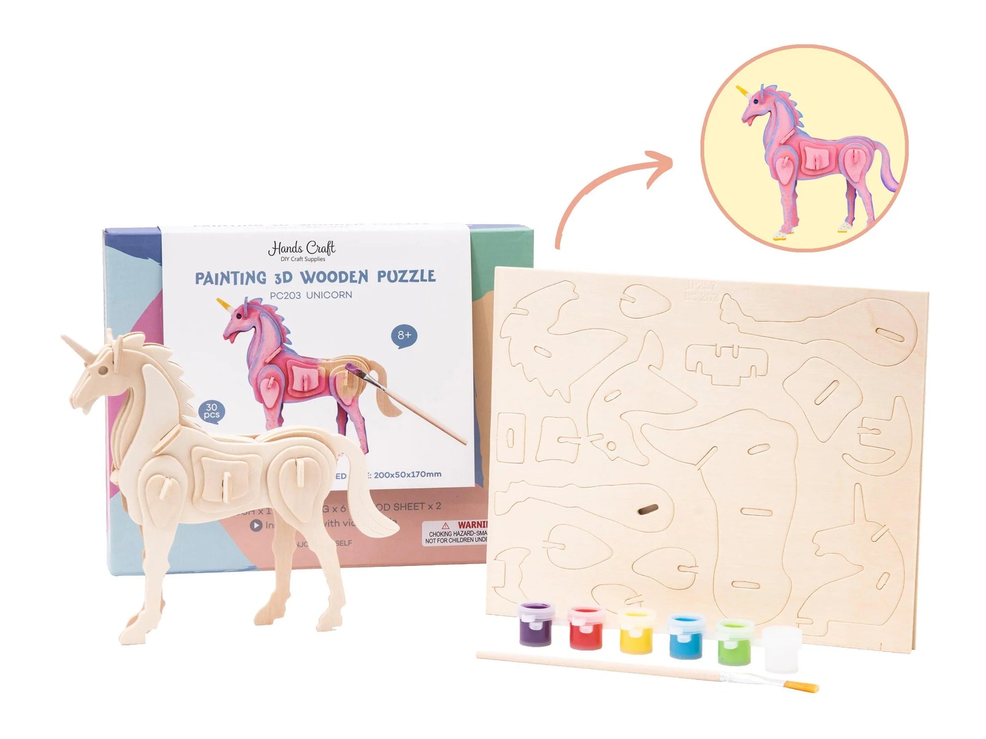 Unicorn - 3D Wooden Puzzle Paint Kit - Hands Craft