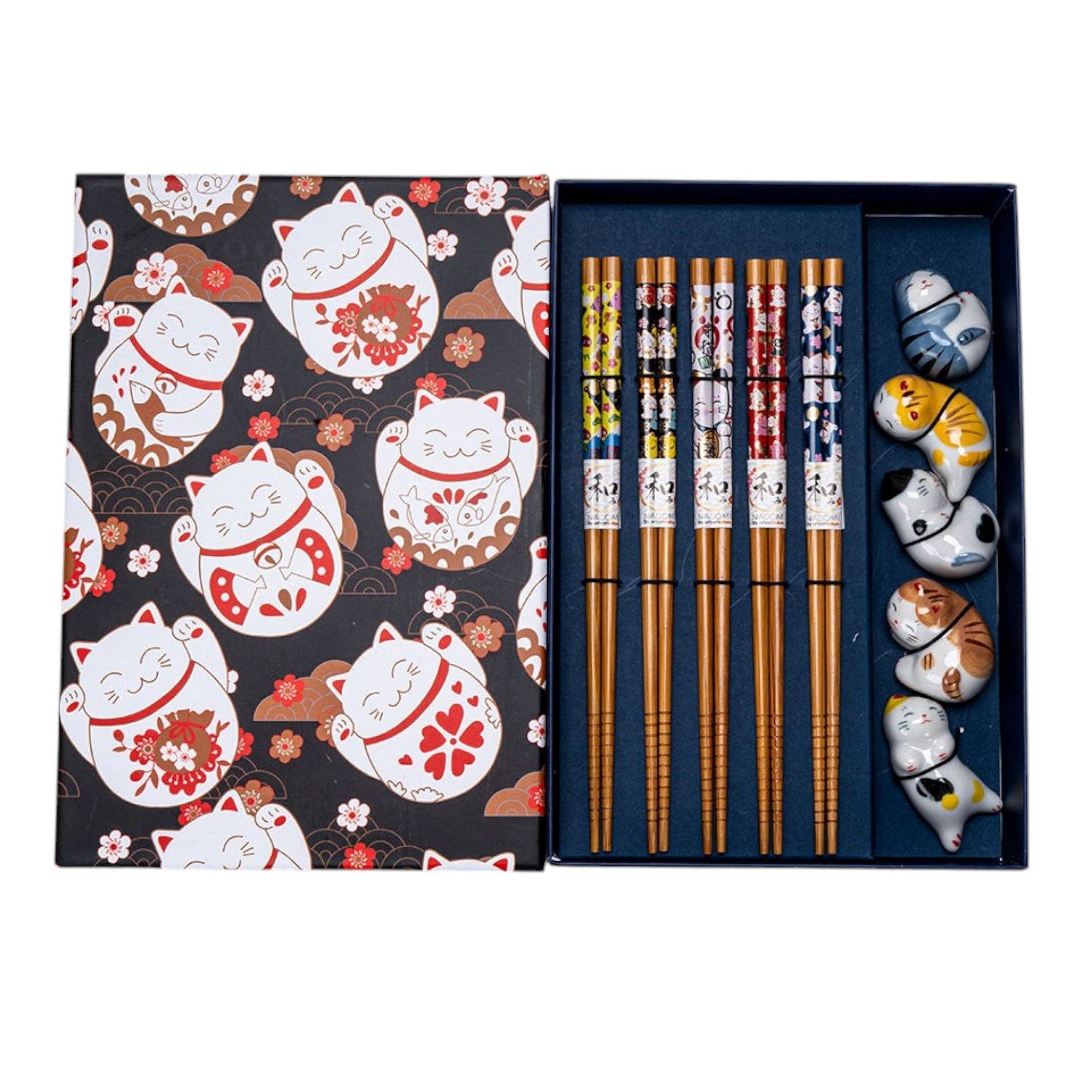5 Ceramic Neko Cats Rest with 5 Pair Japanese Asian Bamboo Chopsticks Set In Gift Box Packaging
